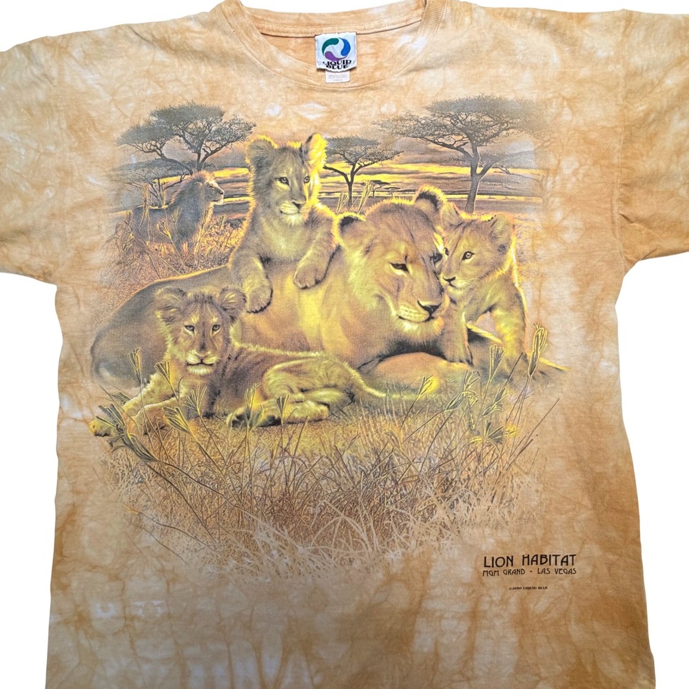 Vintage Y2K Liquid Blue Lion Tie Dye Large Shirt Yellow MGM Grand Vegas Cotton - Picture 1 of 9